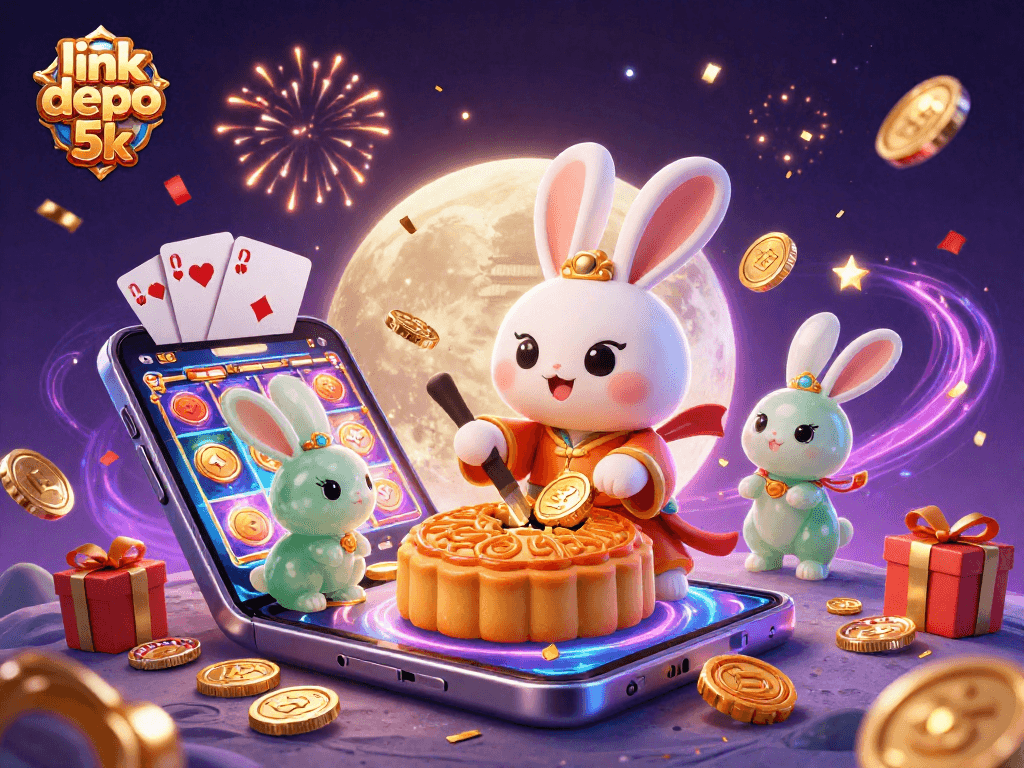 Engage in thrilling gameplay with link depo 5k, featuring a festive moon rabbit scene bursting with casino elements.