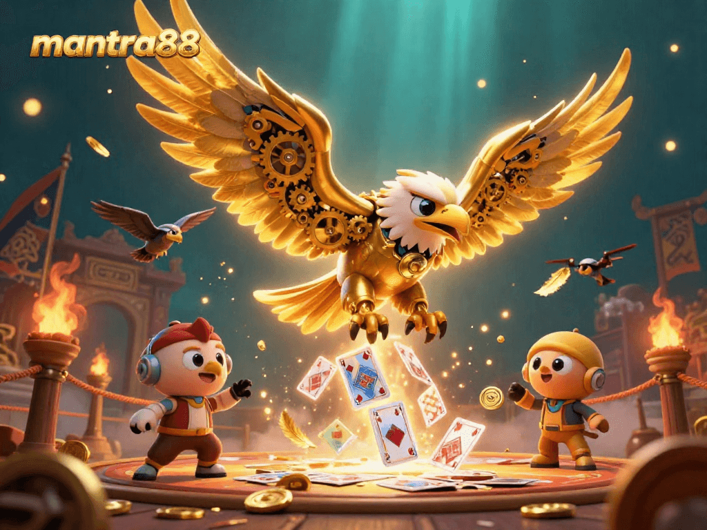 Experience exhilarating wins at mantra88 with a dynamic 3D casino scene featuring vibrant characters and elements.