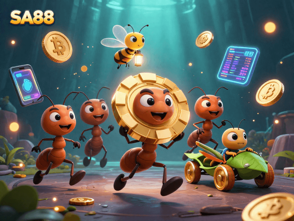 SA88 players strategizing in an exciting heist scene with golden poker chips and crypto elements.