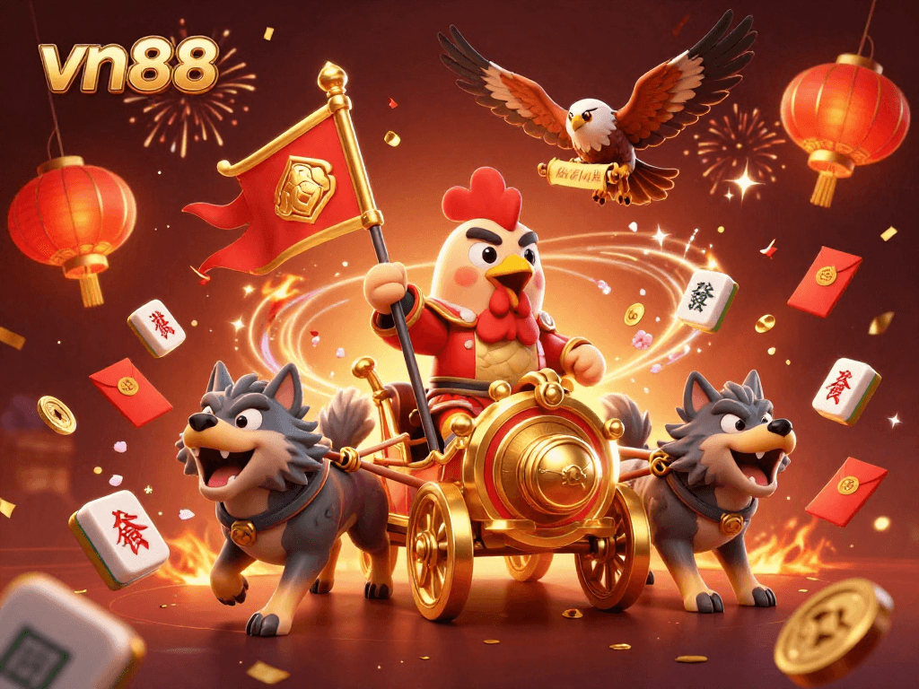 Engage with vn88's vibrant casino adventure featuring a rooster warlord and golden game elements.
