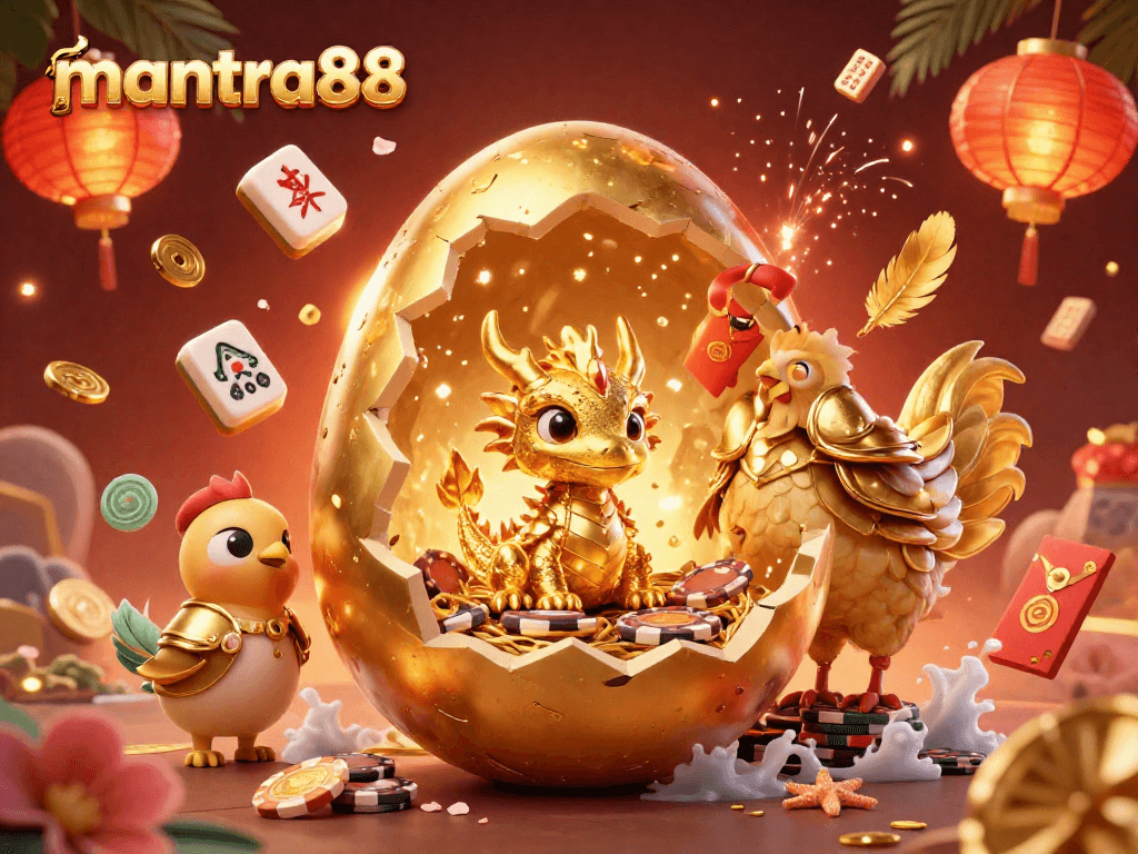 Experience the thrilling vibes of mantra88 with a dragon guarding a treasure of golden poker chips.