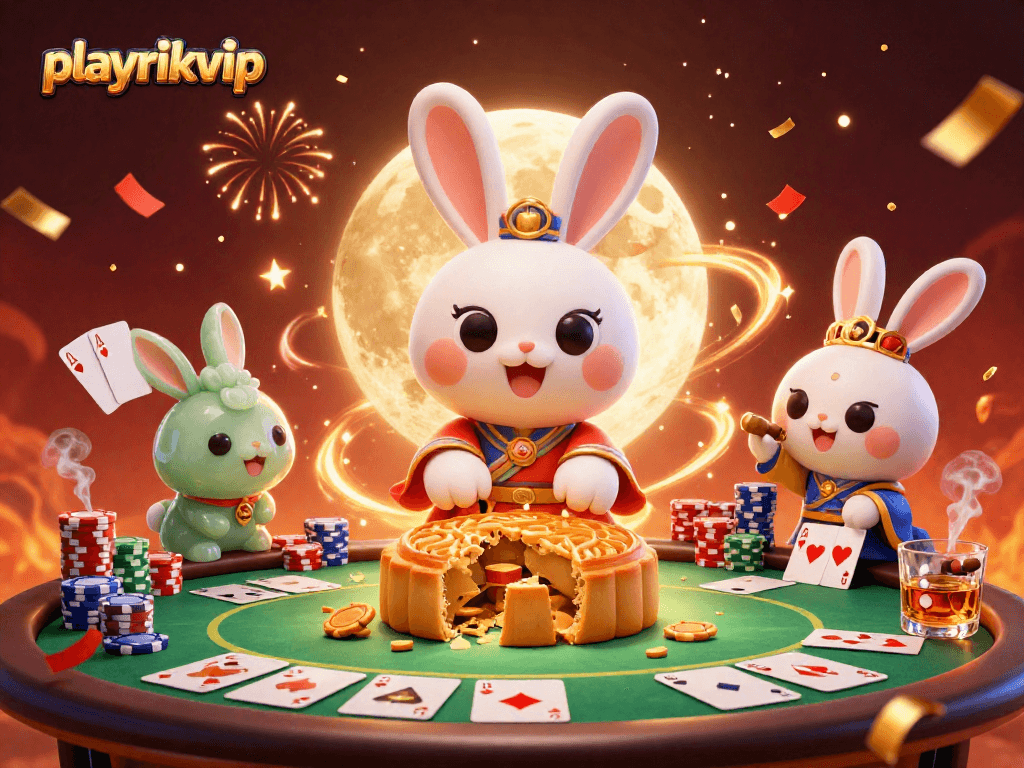 Experience playrikvip with a cartoon moon rabbit and poker elements illuminating the cosmic gaming scene.