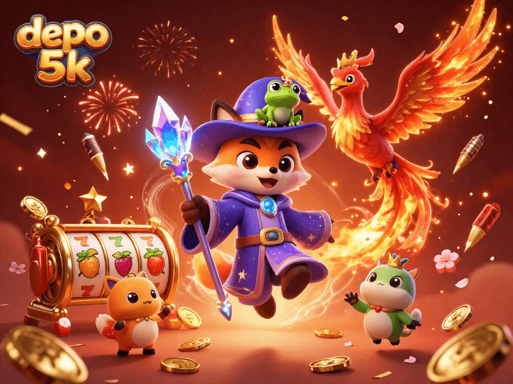 Experience the thrill of depo 5k with magical wizards and spinning slots in a vibrant casino scene.