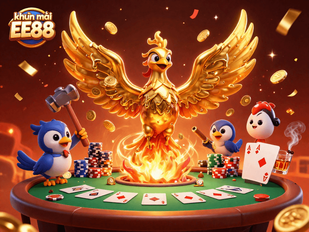 Celebrate khuyến mãi EE88 with a vibrant 3D illustration showcasing a golden phoenix and poker elements.