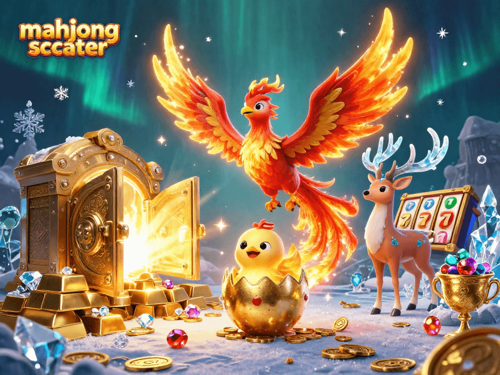 Engage in thrilling gameplay with Mahjong Scatter as phoenix characters and treasures fill the casino scene.