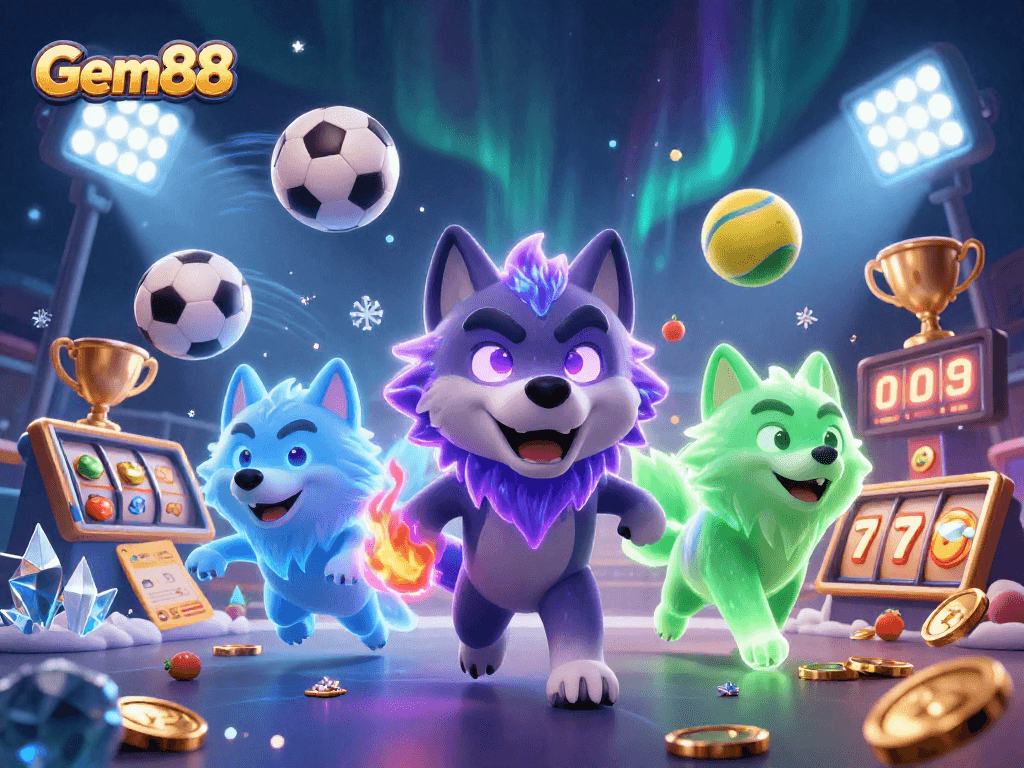 Engage in Gem88 casino with dynamic wolves, sports elements, and vibrant energy for thrilling gaming.