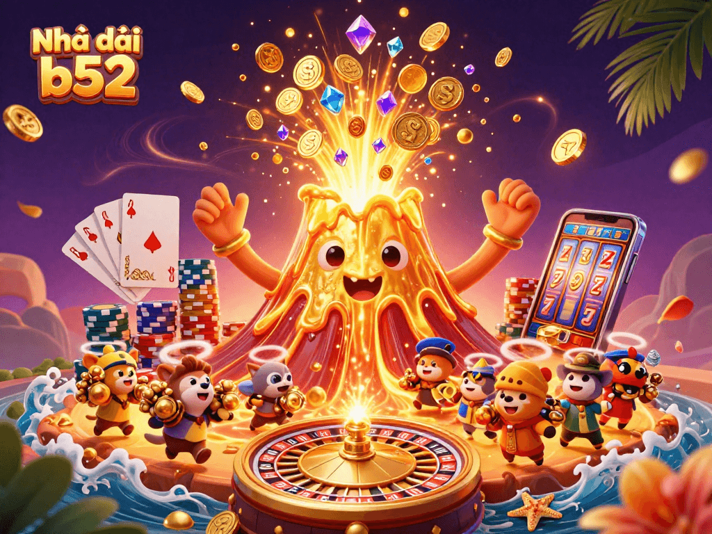 Experience the thrill of Nhà cái b52 with a vibrant 3D illustration of casino excitement and treasures.