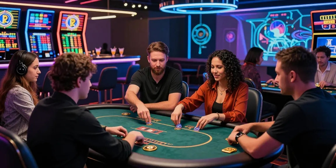 Crypto casino gaming scene with diverse players engaged in poker and slots.