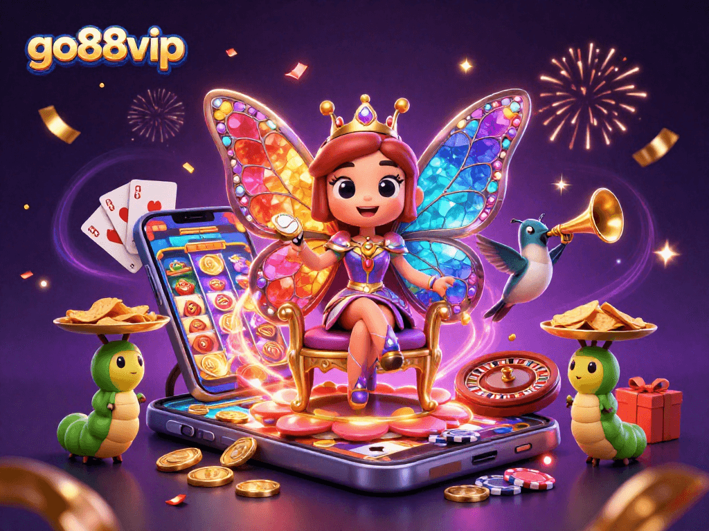 Go88vip celebrates with vibrant chips and games in a magical 3D scene filled with excitement.