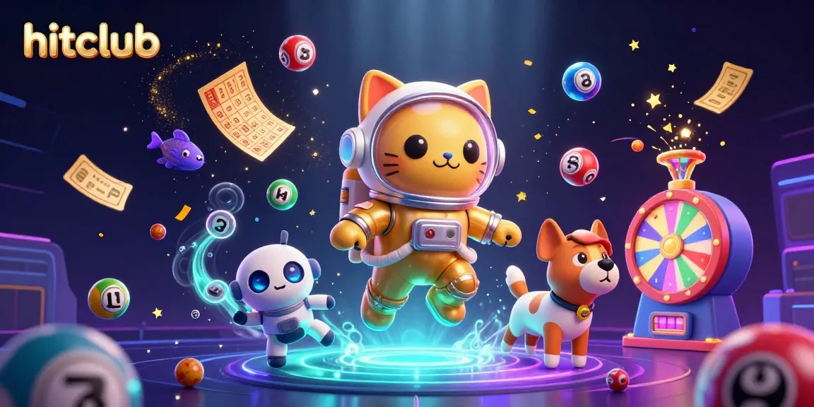 Hitclub's vibrant gaming world featuring a playful astronaut cat, robot dog, and lottery elements.