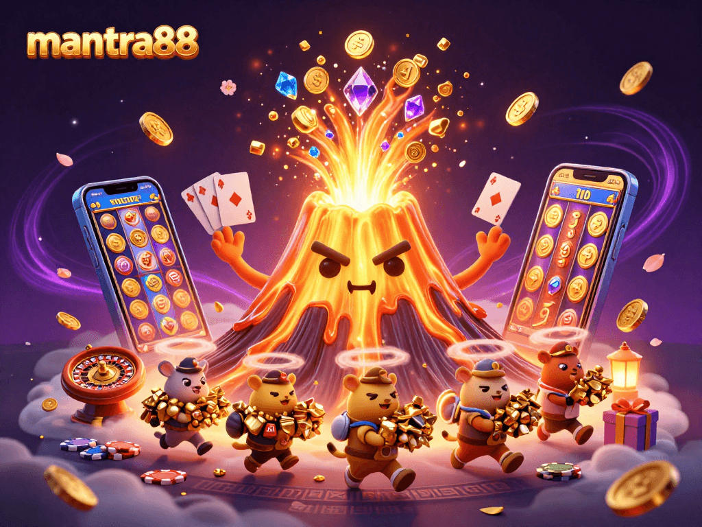 Win big at mantra88 with a vibrant casino scene featuring treasures, slot games, and a golden volcano!