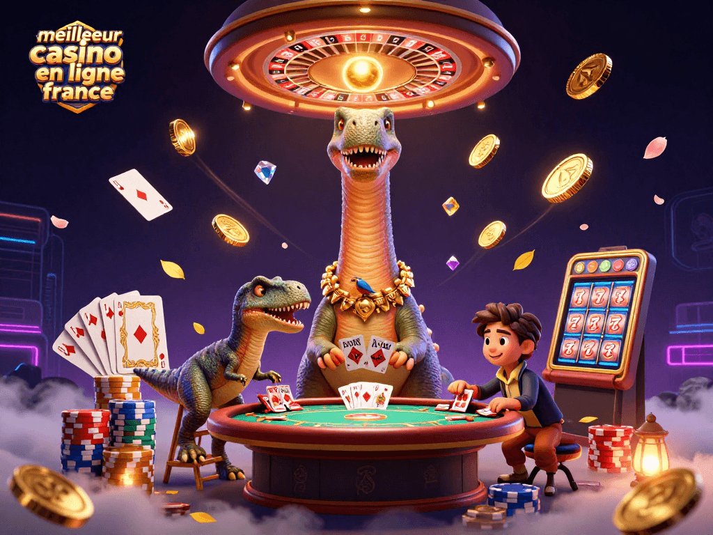 Explorez le meilleur casino en ligne France avec cette illustration 3D animée pleine d'énergie et d'éléments captivants.