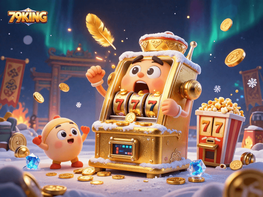 Winning at 79KING with a golden slot machine celebrating jackpots amidst cascading coins.
