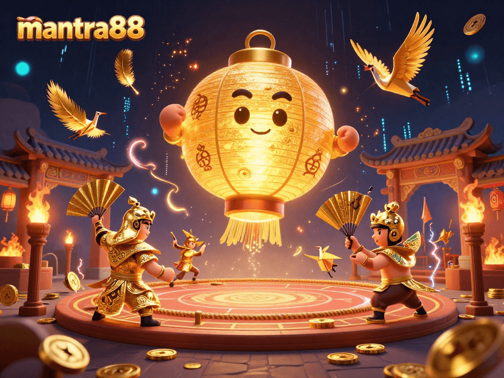 Engage with mantra88's vibrant casino scene featuring a glowing lantern spirit and dynamic warriors.