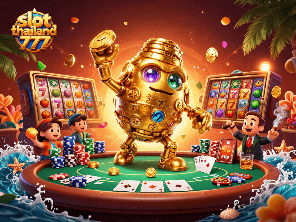 Experience epic gameplay with slot thailand 777 featuring a golden golem surrounded by vibrant slot reels and poker elements.