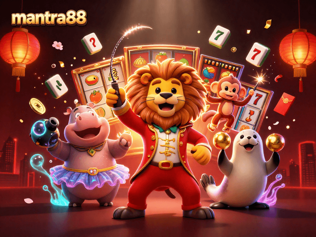 Play exciting games at mantra88 with vibrant characters and casino elements in this enchanting illustration.