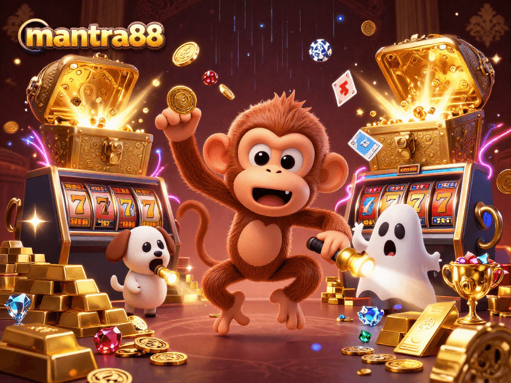 Experience thrilling plays at mantra88 with captivating slots and golden treasures in this vibrant casino illustration.