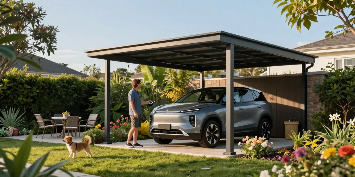 Moderne Carport bietet Schutz für Fahrzeuge in einem einladenden Garten.