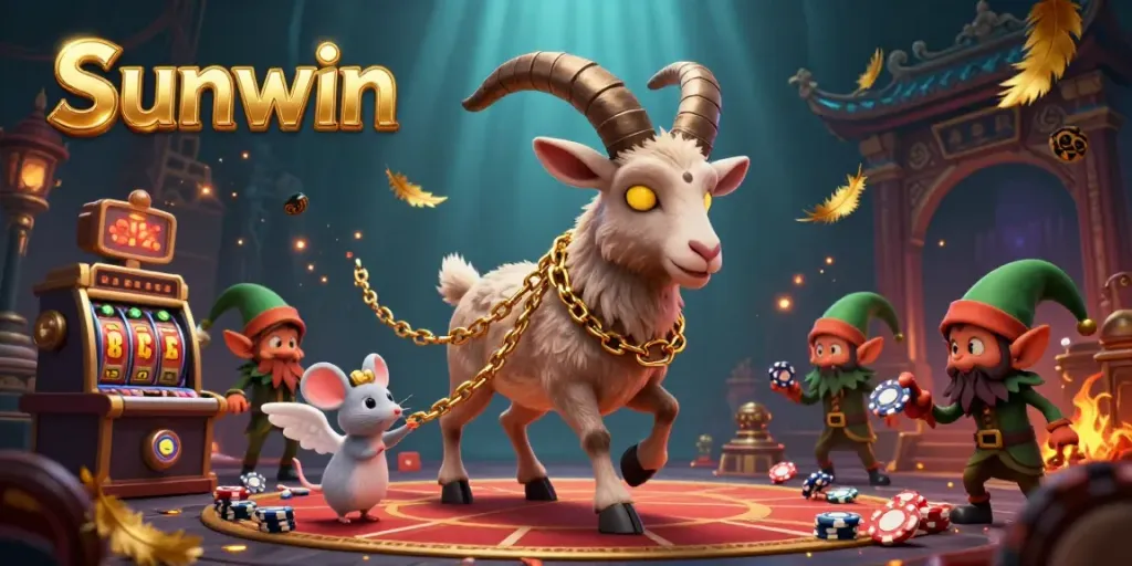 Engage in festive gaming action at Sunwin's animated casino, featuring unique characters and vibrant details.
