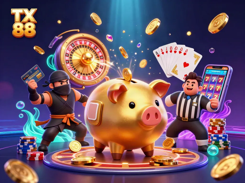 Engage with TX 88's thrilling casino experience featuring dynamic characters amidst cascading gold coins and vibrant game elements.