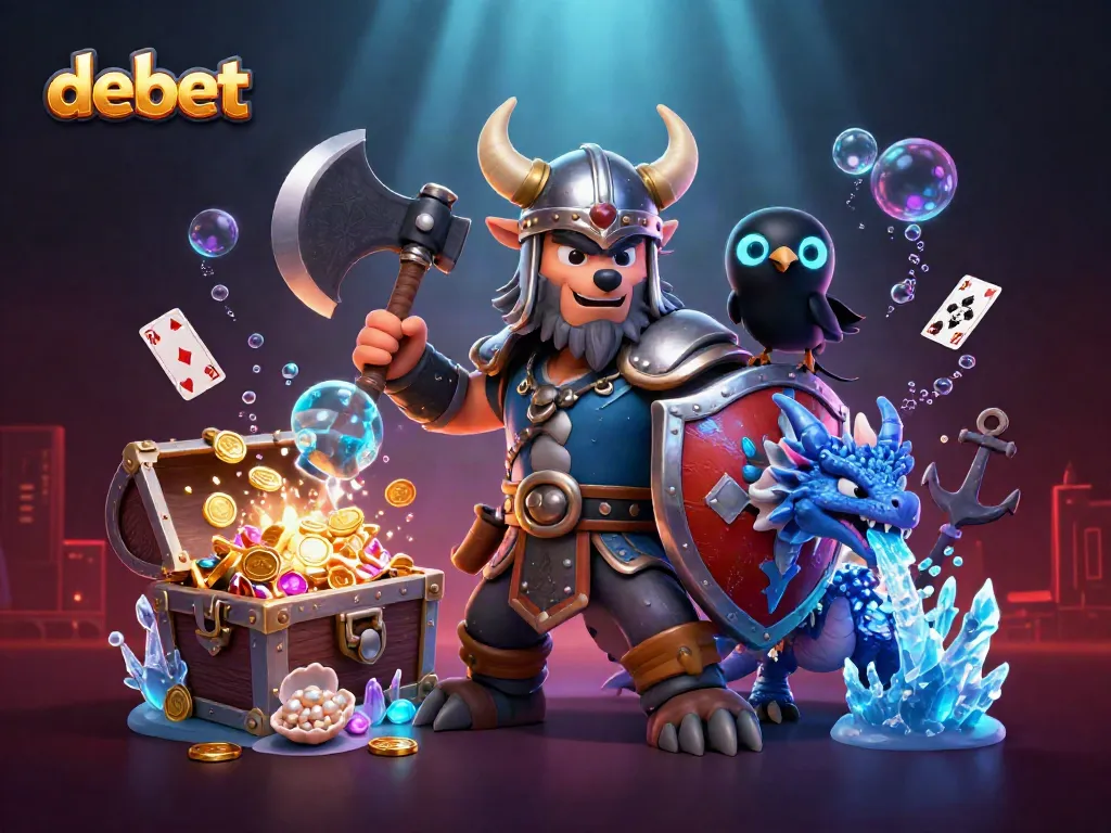 Experience thrilling gaming adventures at debet with a Viking warrior, dragon, and treasures.
