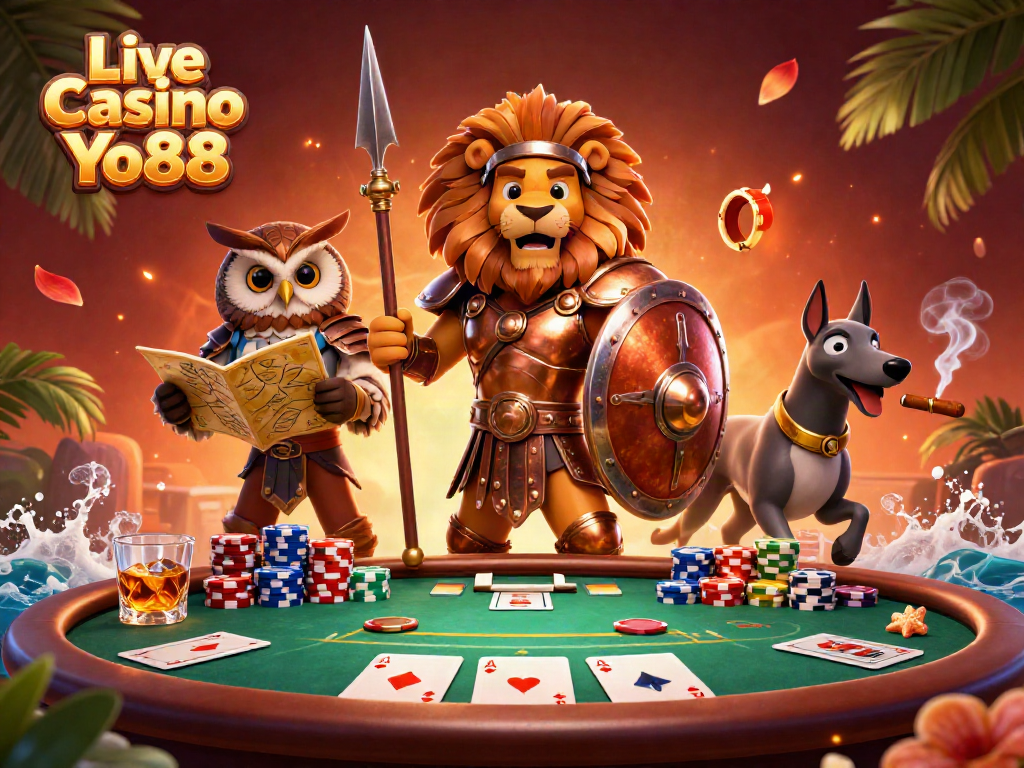 Engage with Live Casino Yo88 featuring a Spartan lion, owl strategist, and swift greyhound surrounded by poker elements.