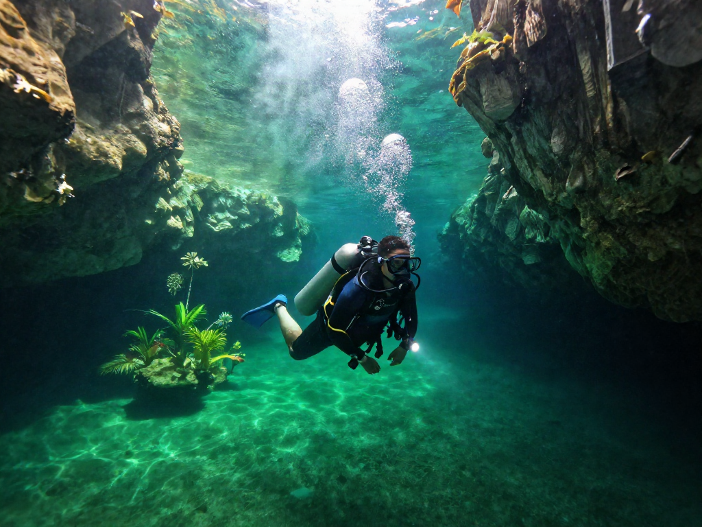 Cenoten Mexiko: Taucher erkundet die faszinierende Unterwasserwelt einer Cenote mit glasklarem Wasser und märchenhaften Lichtspielen.