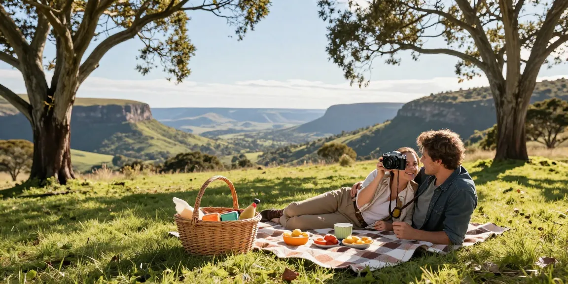 Couple experiencing picturesque Magaliesburg Accommodation during a peaceful picnic with stunning mountain backdrop.