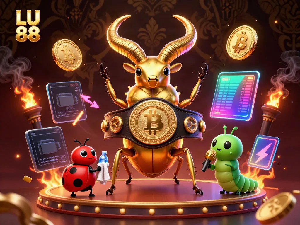 LU 88 golden stag beetle and ladybug in a vibrant casino scene full of glowing crypto coins.