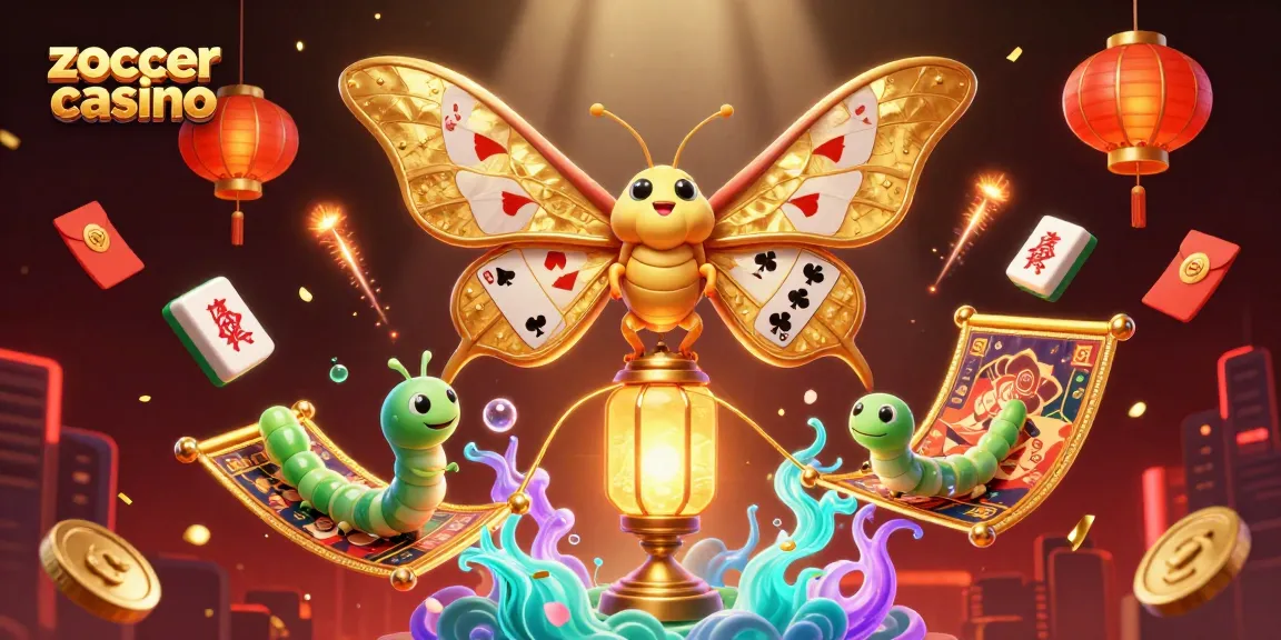 Zoccer casino showcases an exciting illustration with a golden moth and vibrant casino elements, perfect for gamers.