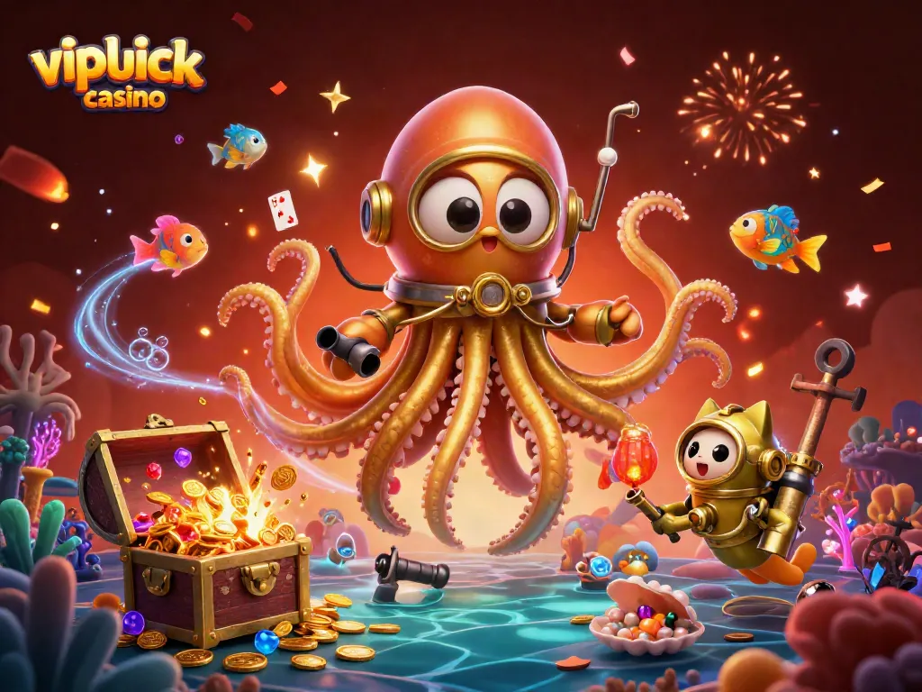 Experience the thrill of vipluck casino with a captivating underwater illustration featuring a golden kraken.