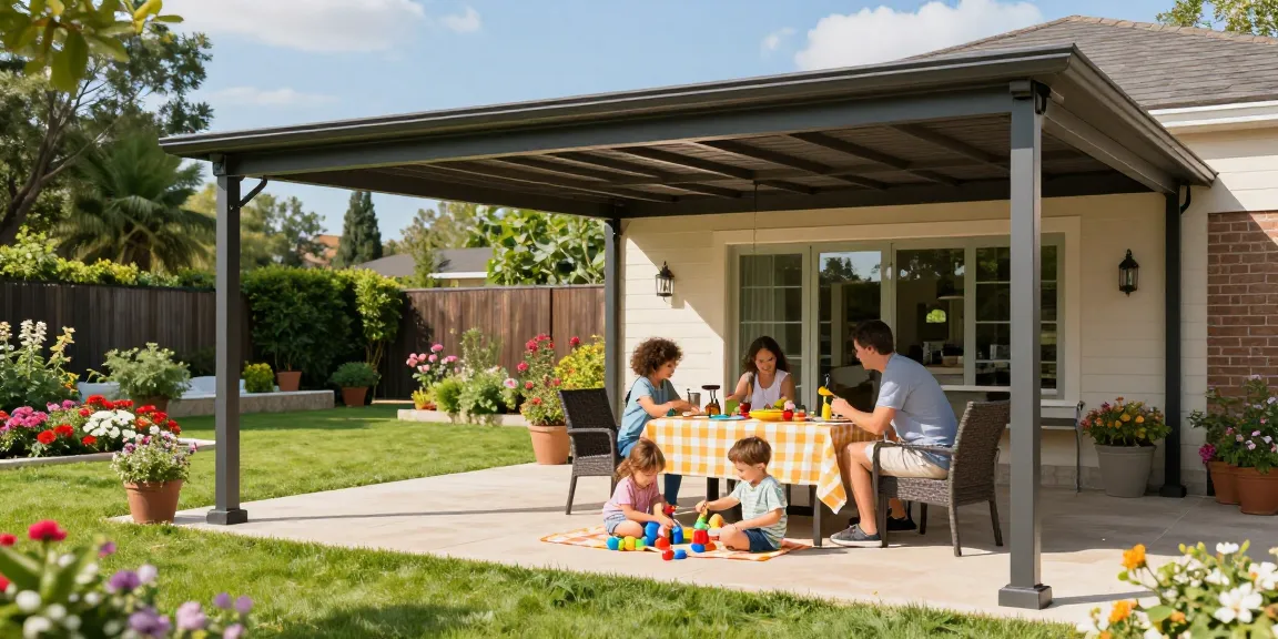Freistehende Terrassenüberdachung mit Familie im Garten, Spielzeug und Picknick.