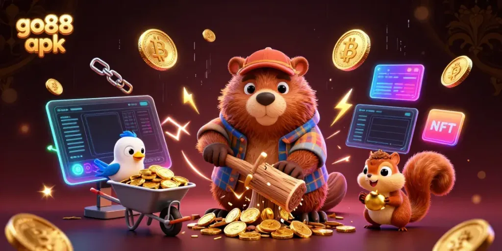 Engage with the go88 apk in a vibrant gaming scene with golden coins and crypto elements.