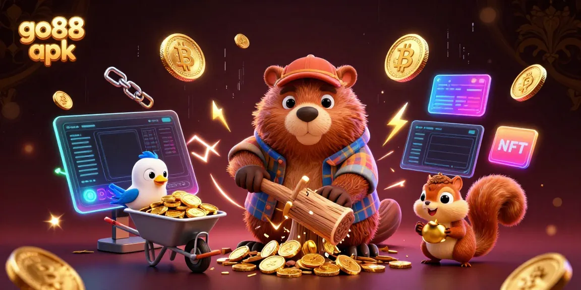 Engage with the go88 apk in a vibrant gaming scene with golden coins and crypto elements.