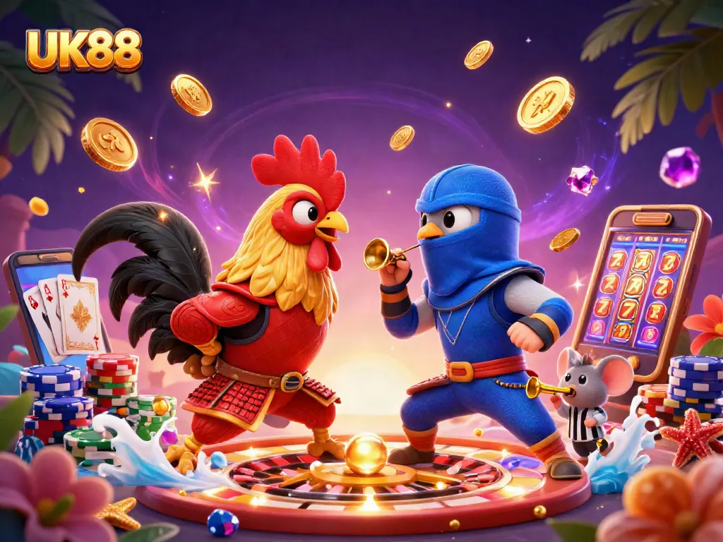 UK88 showcases twin fighting roosters in an epic standoff, amid casino elements and vibrant visuals.