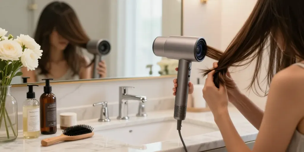 Blick auf einen modernen Haartrockner in einem eleganten Badezimmer, ideal für die Anwendung eines Ionen Föhns.