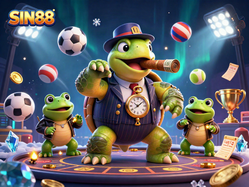 SIN88 captures the excitement of dynamic sports betting with a whimsical cartoon scene featuring a snapping turtle and bullfrog enforcers.