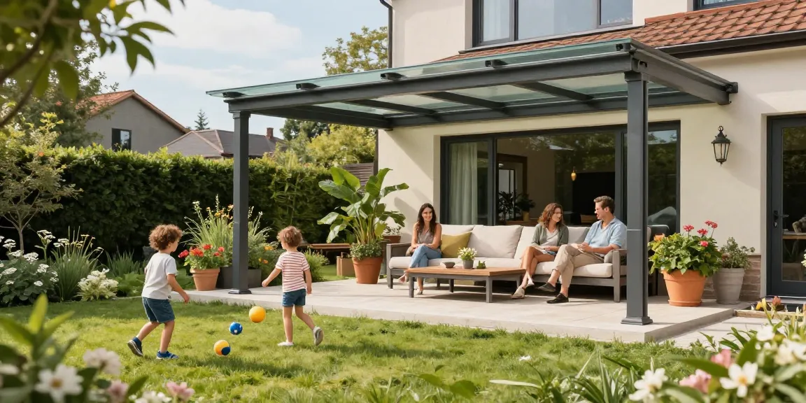 Terrassenüberdachungen bieten Schutz und Komfort für Familien im Garten.