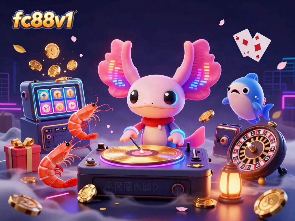 Catching the excitement of fc88v1, a vibrant axolotl DJ and crew showcase thrilling casino games with energy and colorful elements.