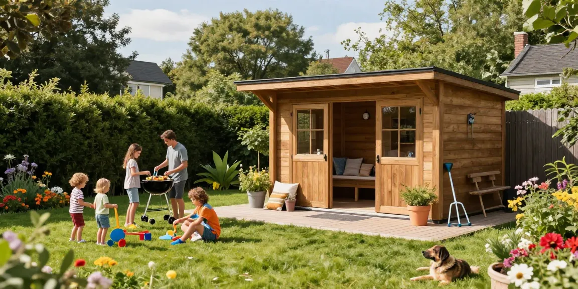 Schönes Gartenhaus umgeben von blühenden Blumen und spielenden Kindern im Garten.