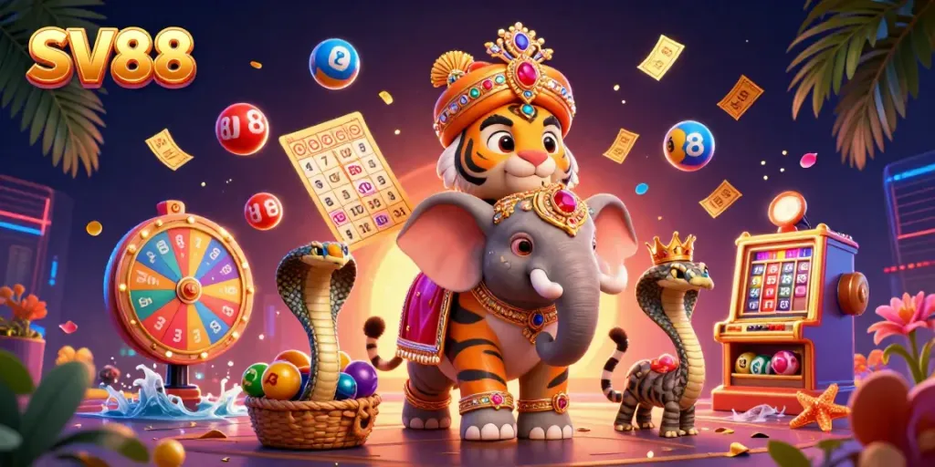 Engage in thrilling games at SV88 with a vibrant scene of a grand maharaja and interactive casino elements.