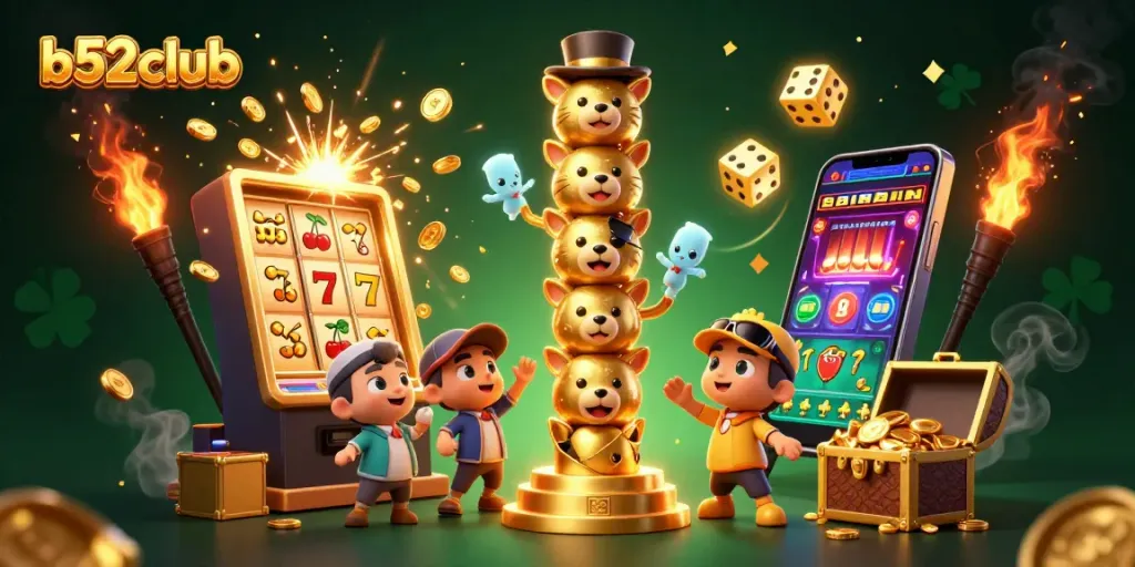 Experience the vibrant world of b52club with a golden totem pole and explosive casino elements.