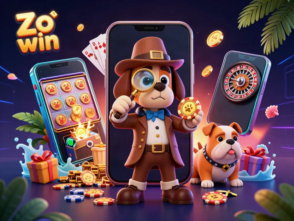 Engage with Zo win's exciting gaming adventure through a 3D detective scene filled with poker chips and slot games.