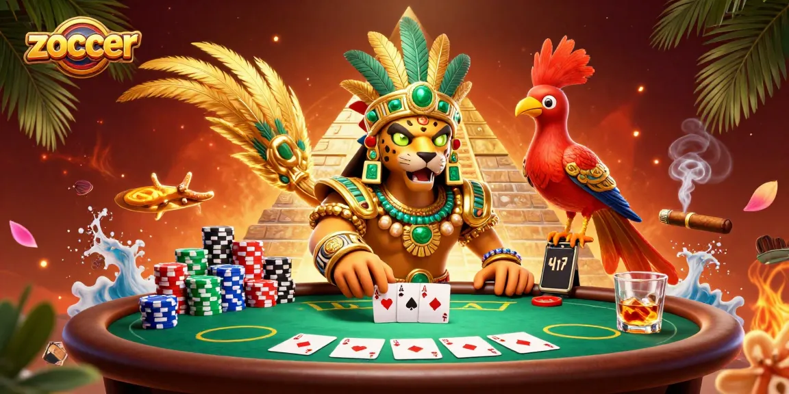 Zoccer game scene featuring a Mayan jaguar priest and poker table with vibrant elements and immersive details.