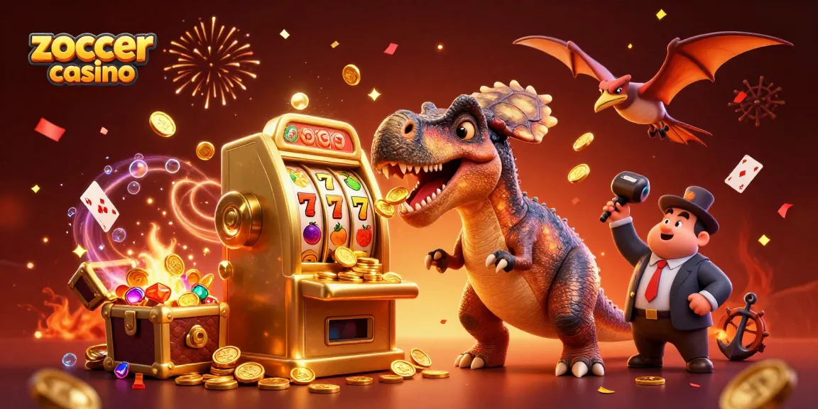 Zoccer casino illustration with dinosaur characters celebrating jackpot wins amidst vibrant casino elements.