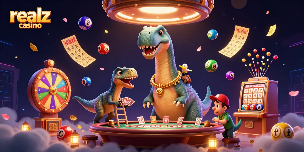 Engage with games at realz casino with a delightful scene featuring a brontosaurus, raptor, and vibrant elements.