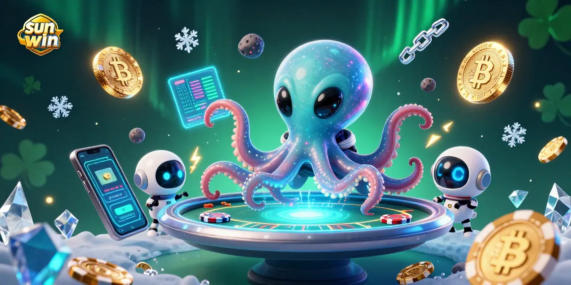 Experience the thrill of sun win with a cosmic octopus mastering a holographic poker table.